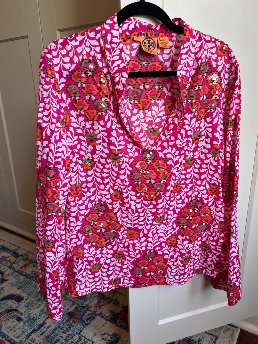Tory Burch Tunic  Pink Botanical Sequin floral Cotton Blouse size 10